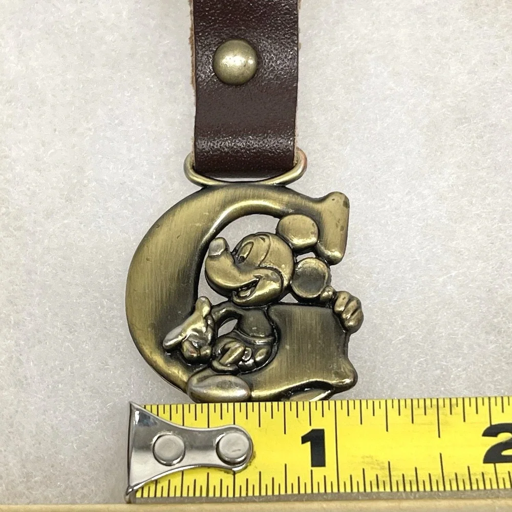Vintage 80s Disney Mickey Mouse Brass Finished Initial G Keychain Leather Strap